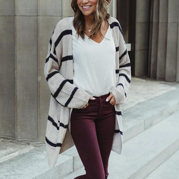 Knitted V Neck Striped Long Cardigan