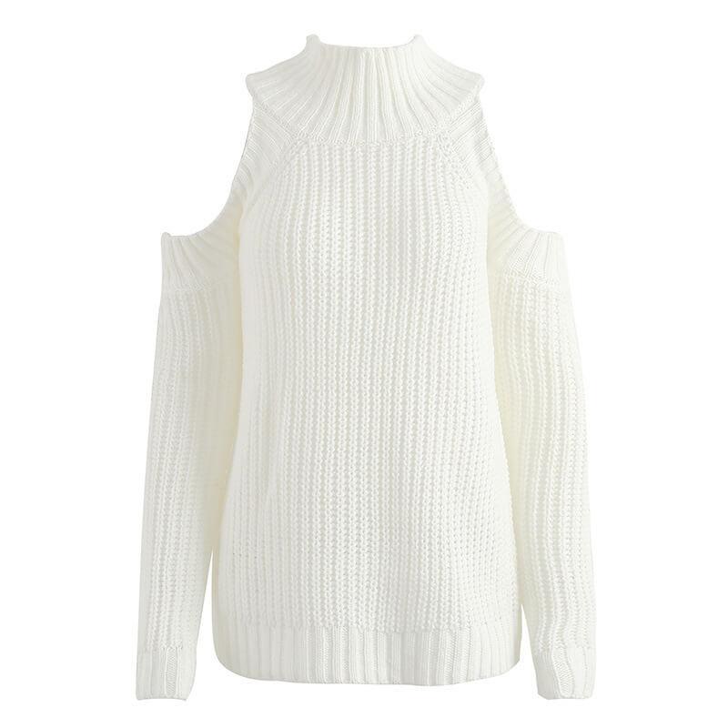 Cold Shoulder Knitted Soild Sweater