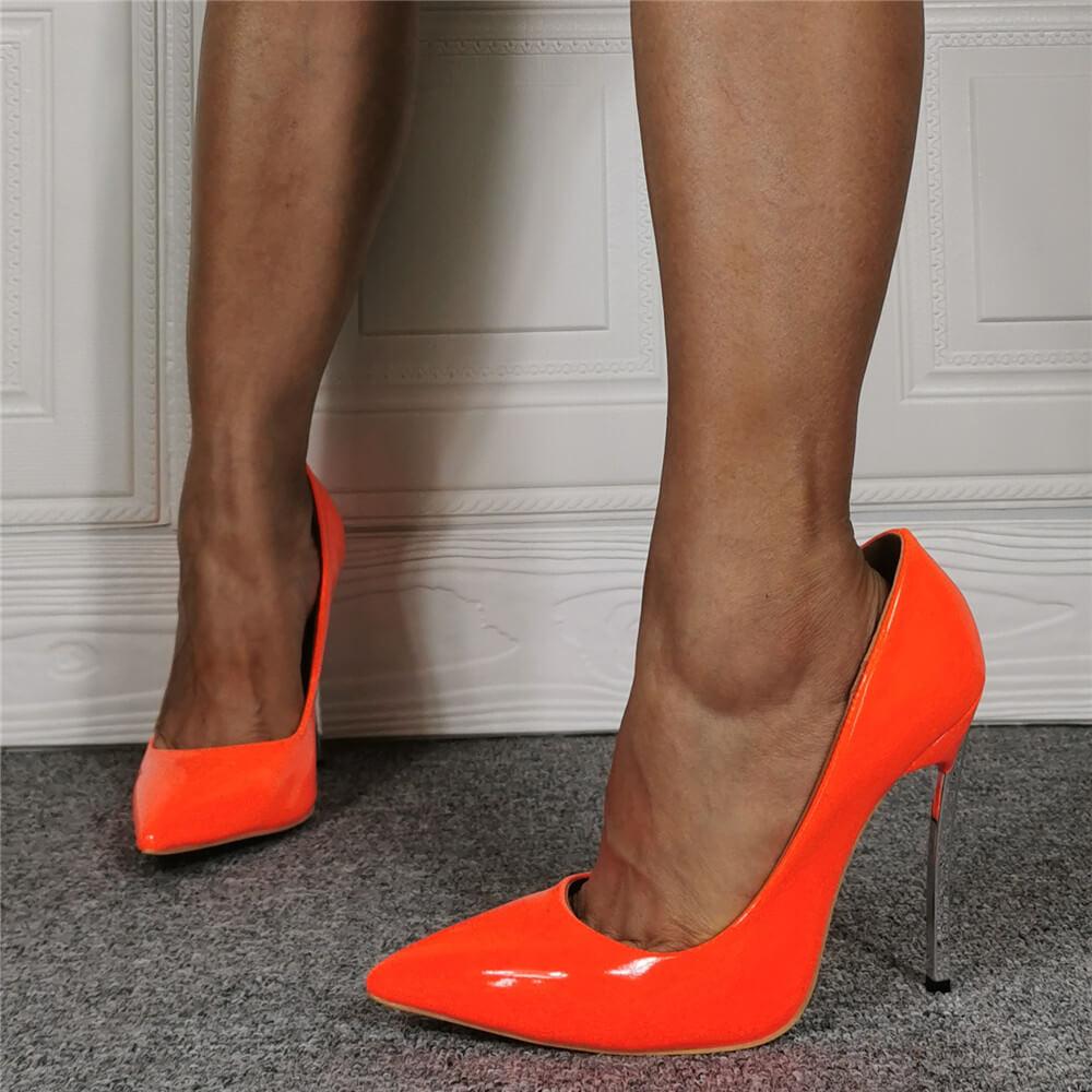 Orange Patent Leather Point Toe Slip On Pumps