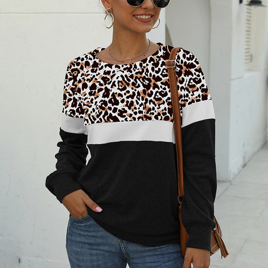 Leopard Pullover Crew Neck Patchwork Sweatshirt