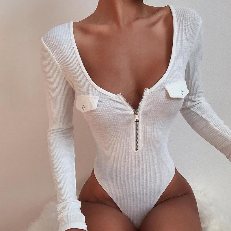 Long Sleeves Roud Zipper Neck Plunge Bodysuit