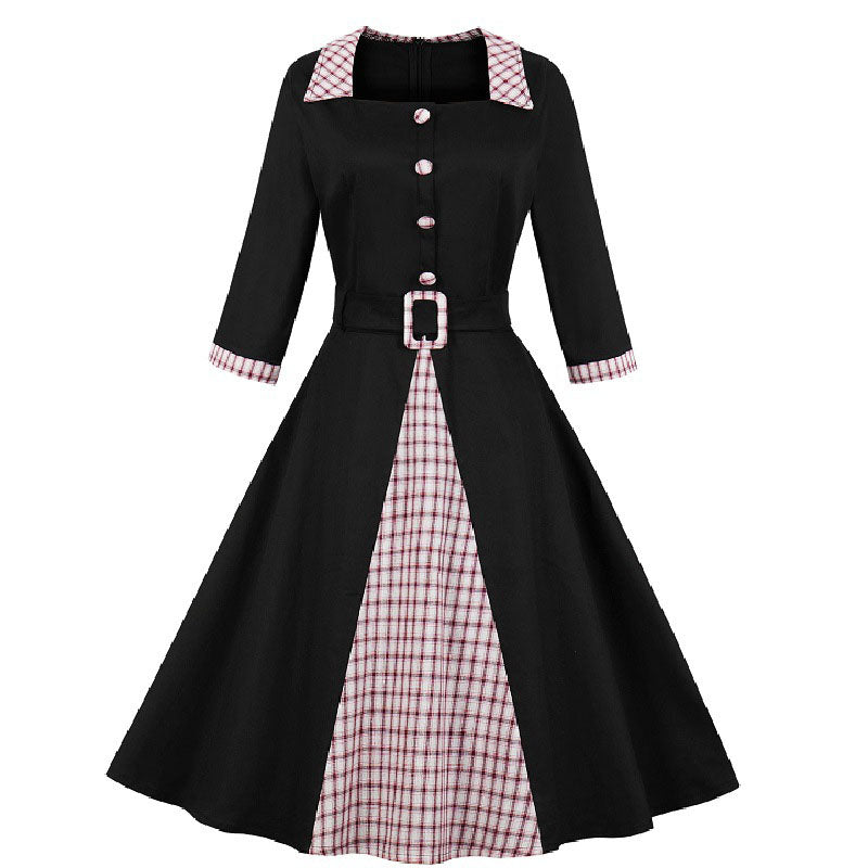 Cute Plaid Splicing A-line Belt Dress