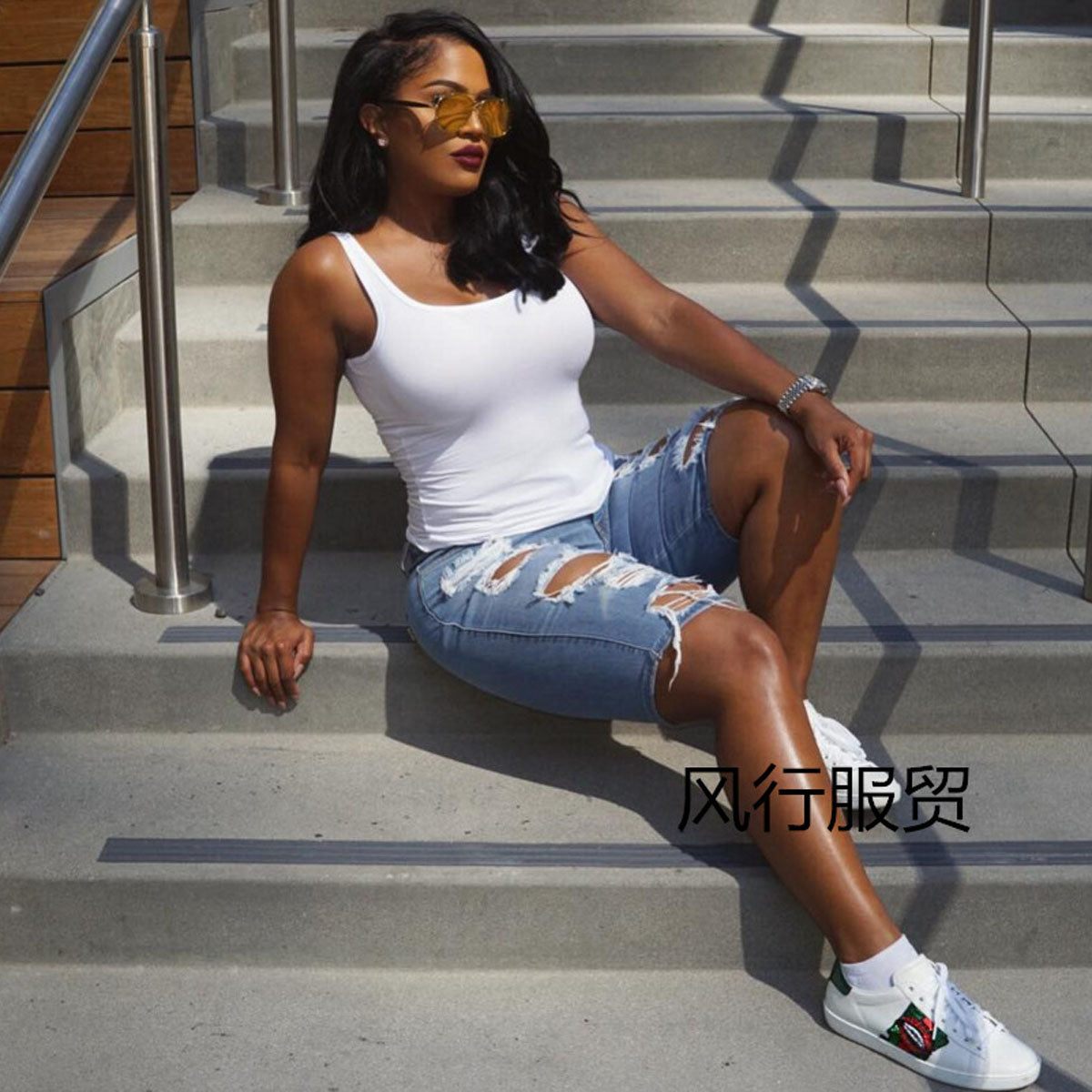 High Waist Hole Pure Color Slim Denim Long Shorts
