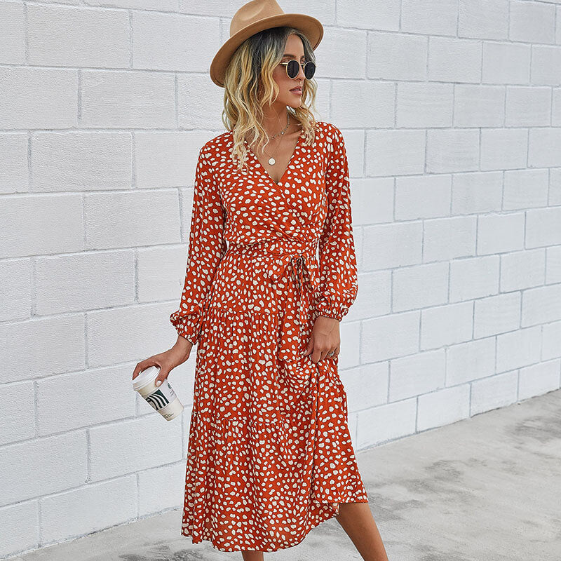 OL Printed Tie Waist Midi Dress