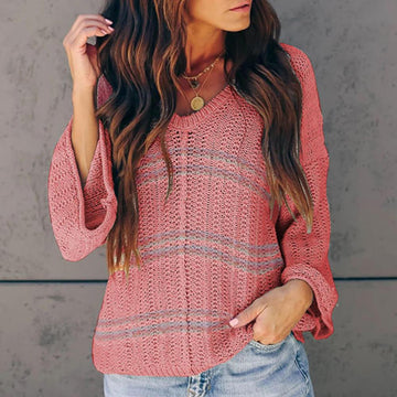 V Neck Bell Sleeve Patchwork Sweater