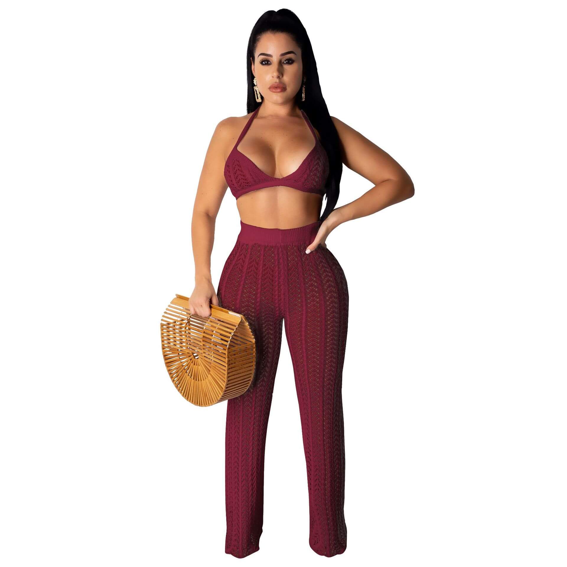 Spaghetti Straps Crop Top High Waist Bell Bottom Pants Set