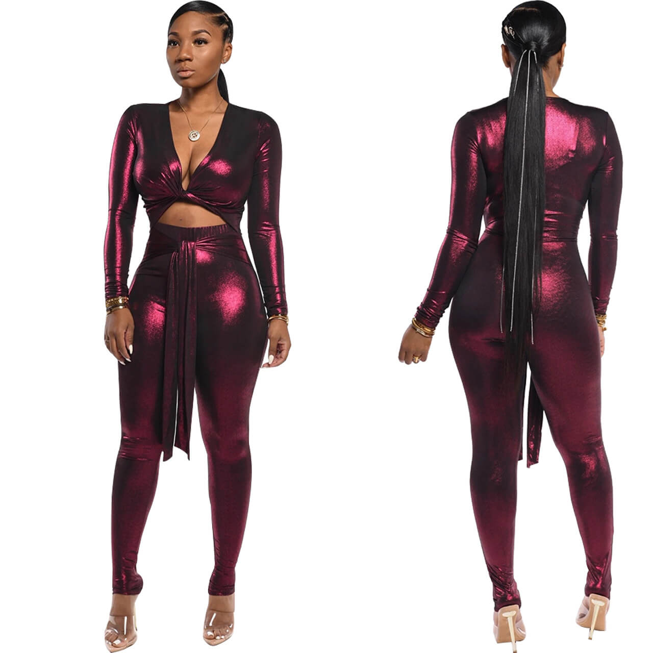 Plus Size Long Sleeves V Neck Strap Skinny Jumpsuit