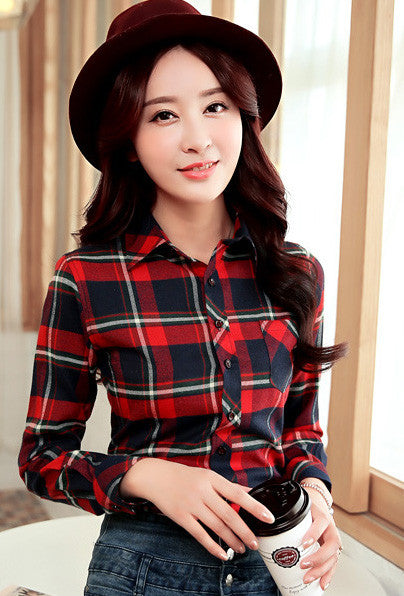 Long Sleeves Slim Plaid Turn-down Collar Flower Print Blouse