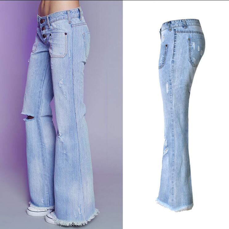 Fashion Low Waist Hole Long Wide Leg Denim Pants