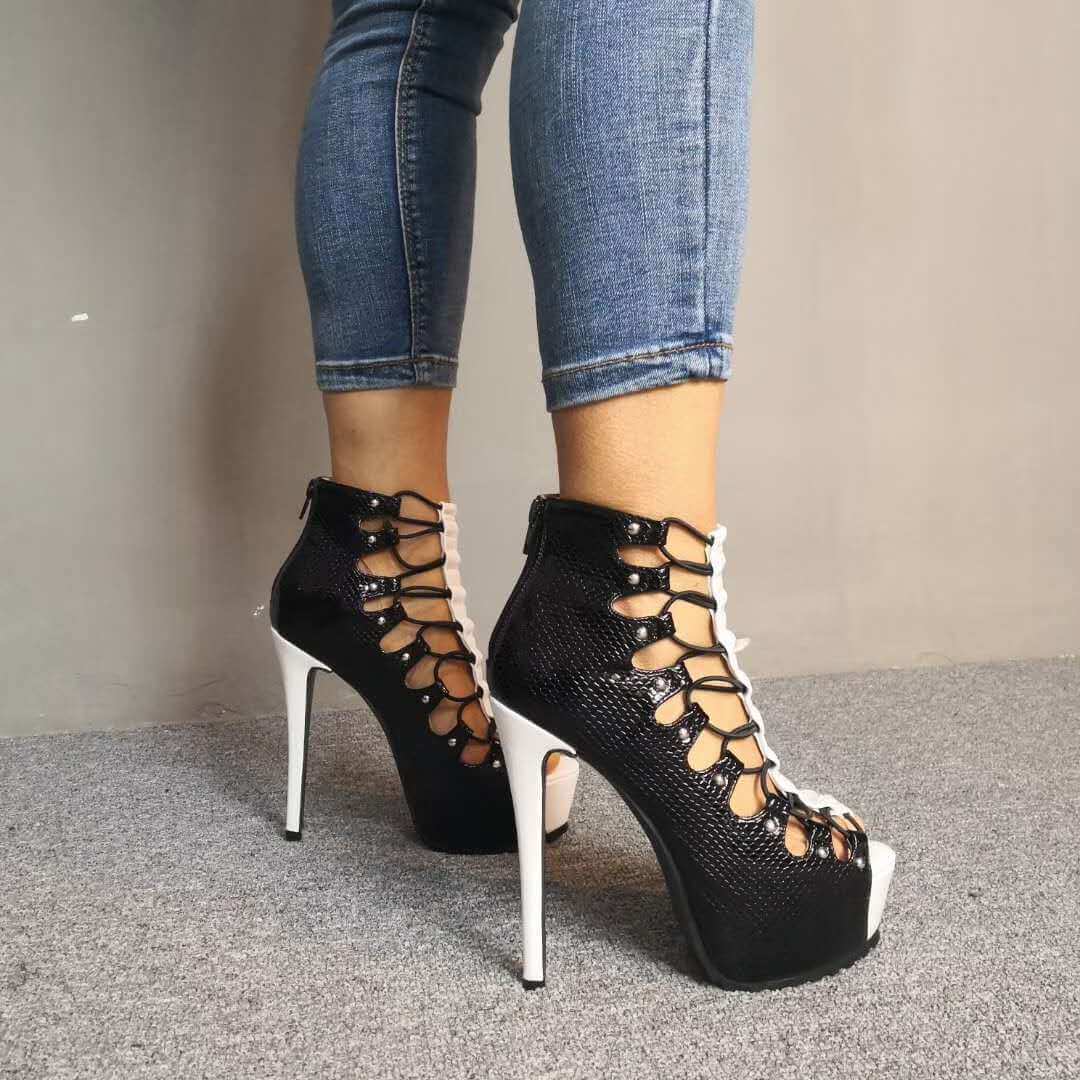 Leather Platform Peep Toe Zipper High Heel Sandals