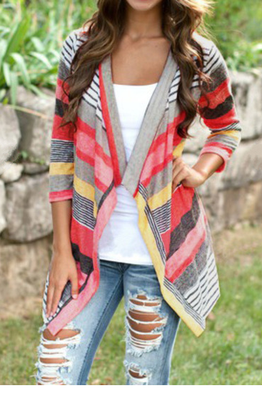 Stripes Long Sleeves V-neck Irregular Cardigan