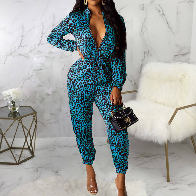 Leopard Zipper Long Sleeves Jumpsuit