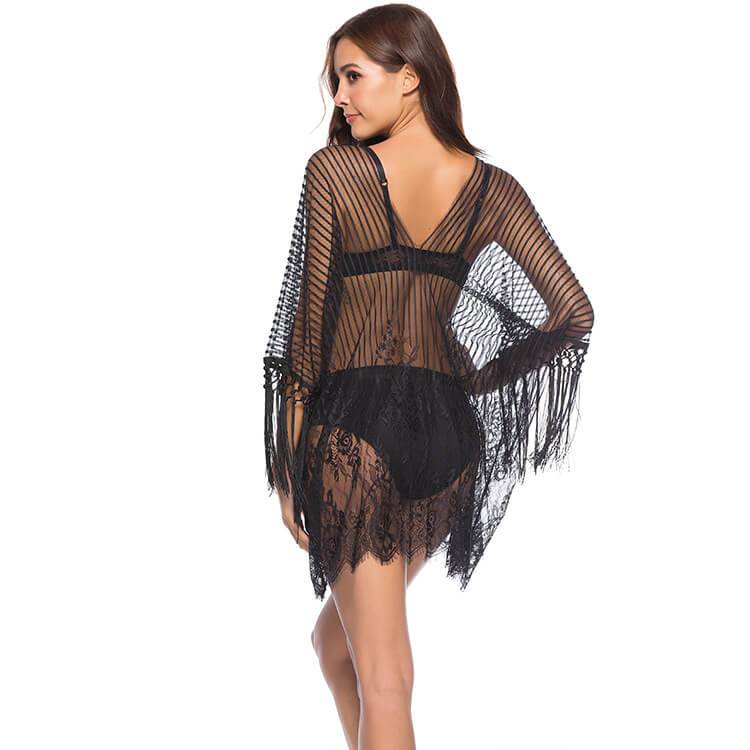 Striped Mesh Fringe Cover Up Dress