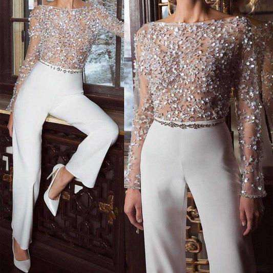 Sequin Sparkle White High Waist Jumpsuits