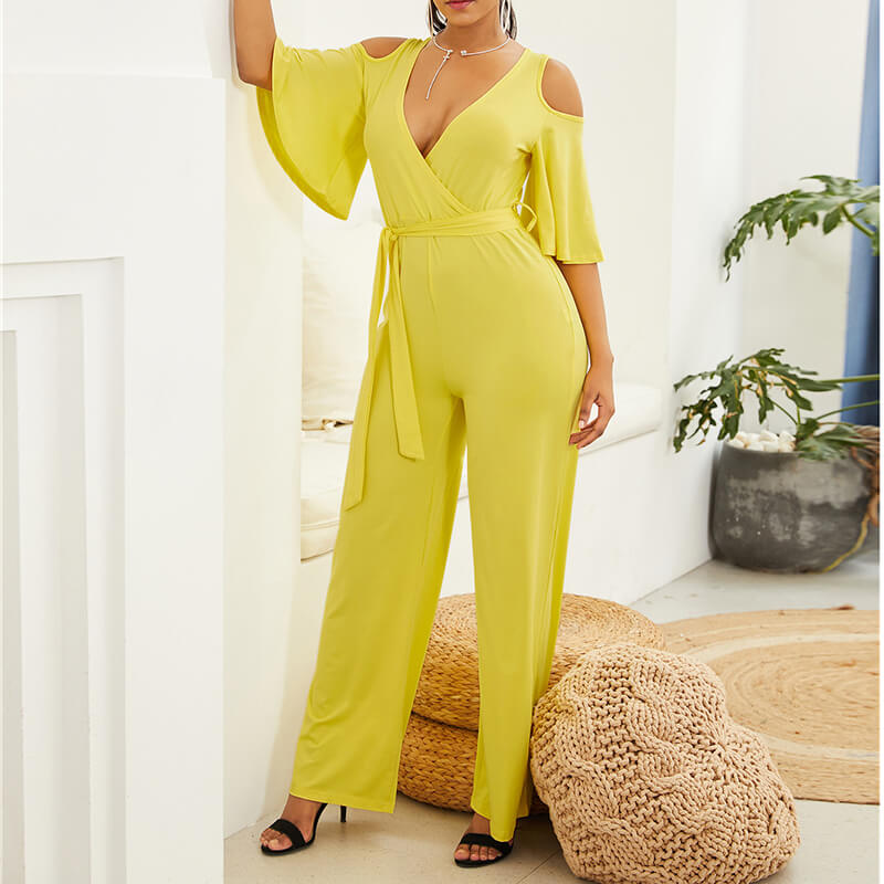 Bright Color Cold Shoulder Wide Leg Jumpsuit