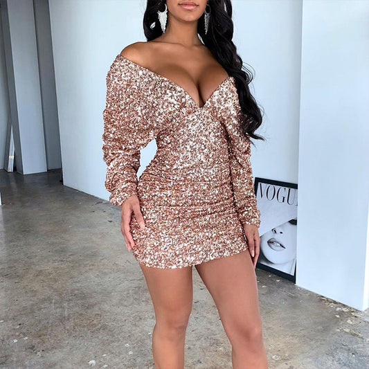 Sequin V Neck Backless Long Sleeve Bodycon Dress