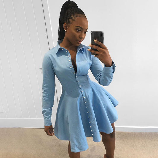 Blue Long Sleeve Button High Waist Shirt Dress