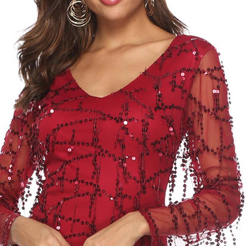 Sequin V Neck Fringe Short Dress