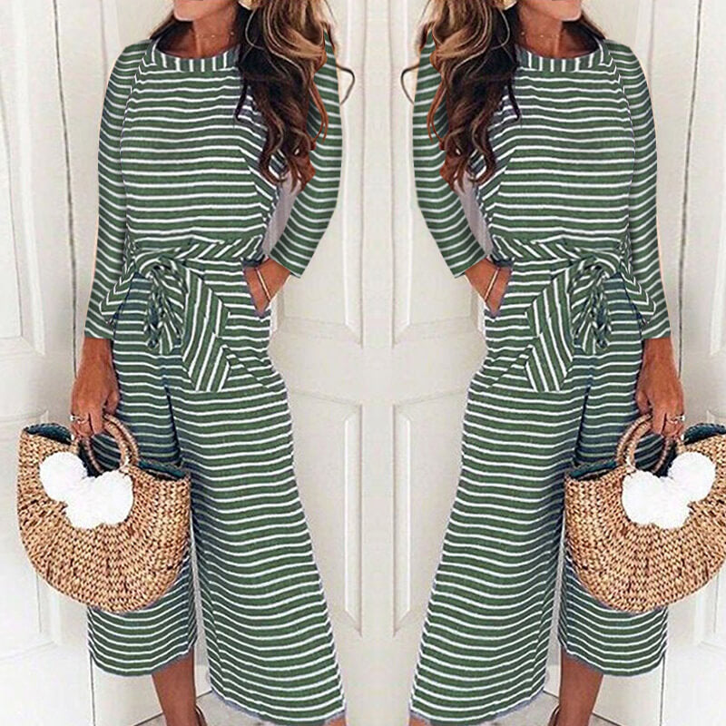 Long Sleeves Wide Leg Stripe Cropped Jumpsuit