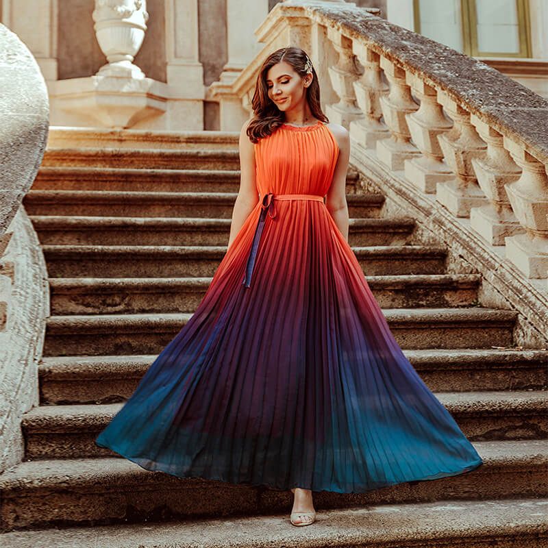 Gradient Color Large Hem Pleated Long Dress