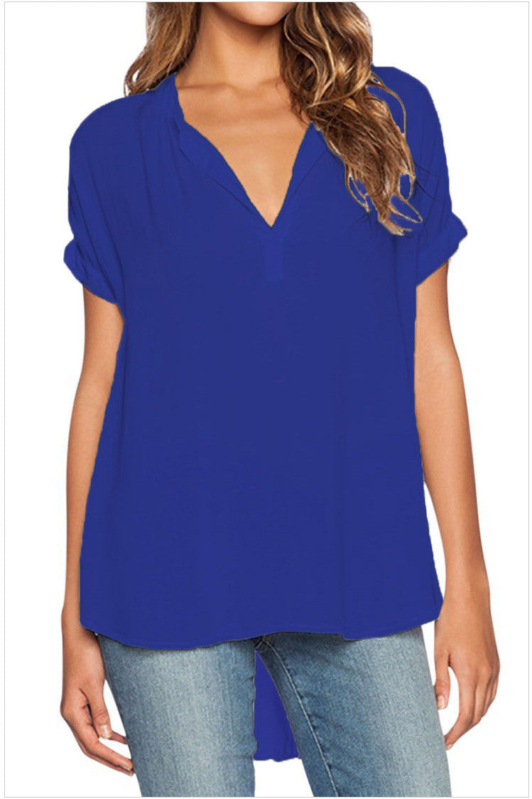 V-neck Pure Color Short Sleeves Loose Chiffon Blouse