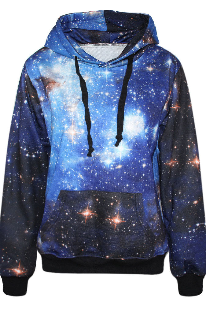 Galaxy Digital Stars Print Pocket Drawstring Hoodie