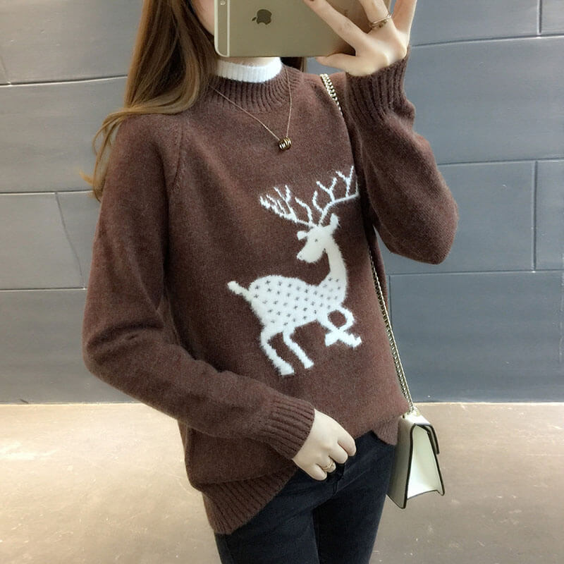 Reindeer Pure Color Mock Neck Sweater