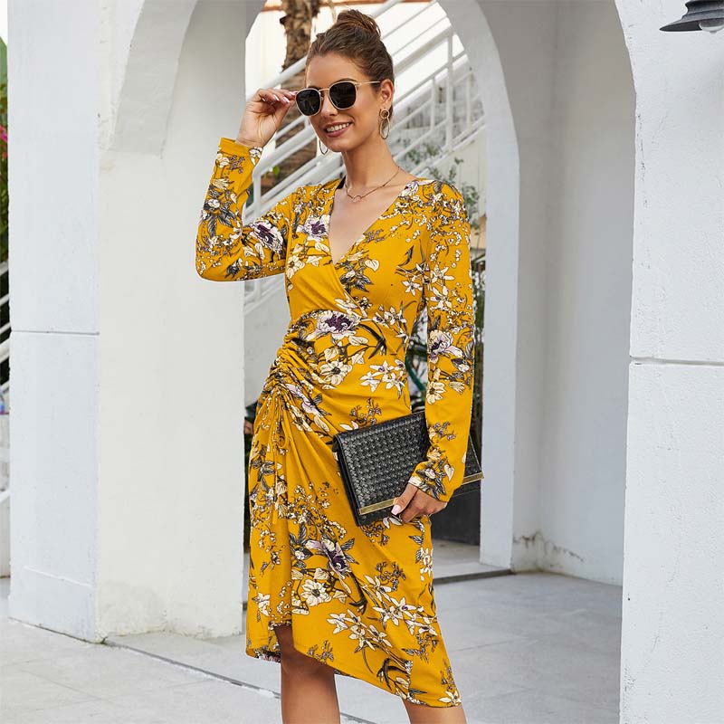 Floral V Neck Frills Slit Wrap Dress