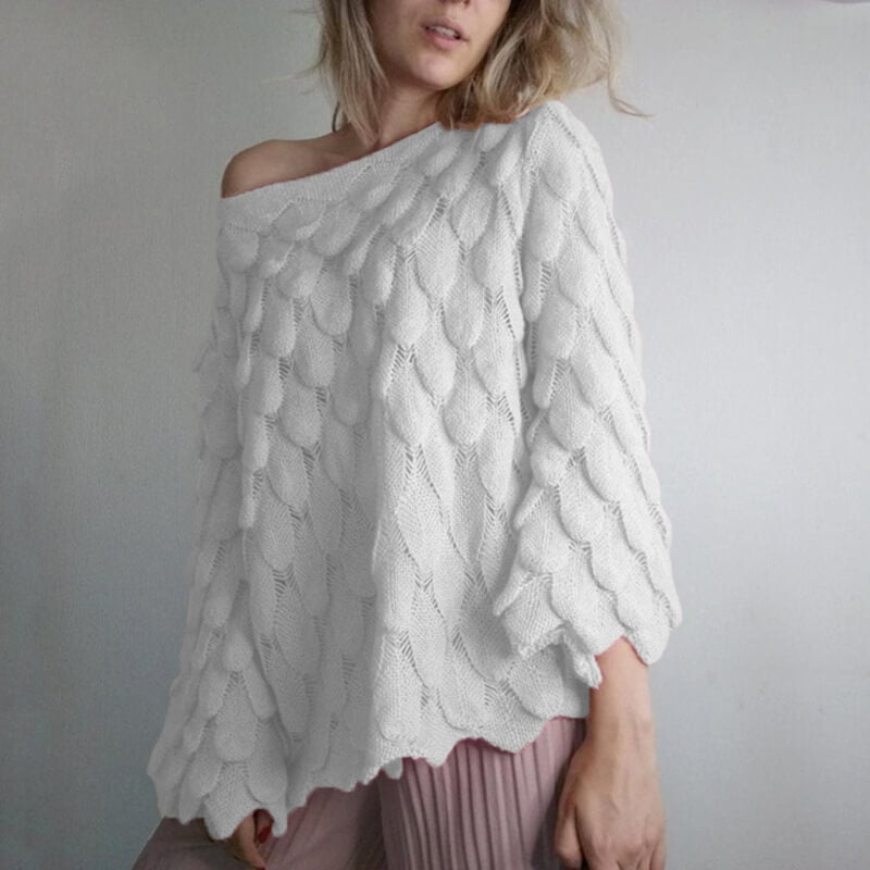 Hollow Out Feather Scoop Neck Sweater  