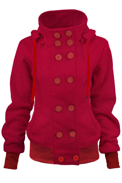 Double Breasted Drawstring Buttons Slim Regular Hooded Coat