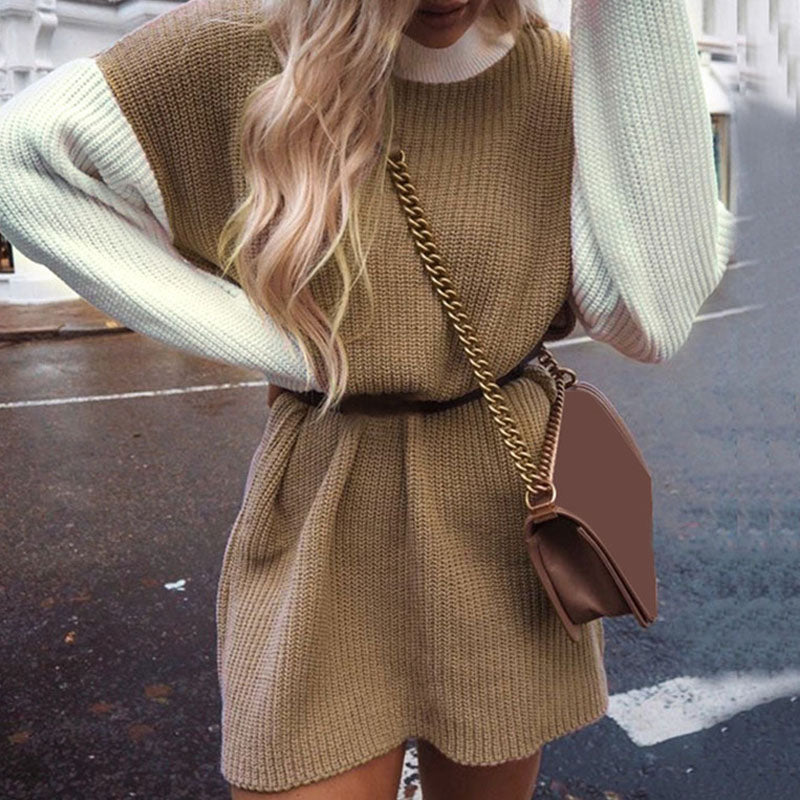 Loose Mock Neck Colorblock Knit Sweater Dress