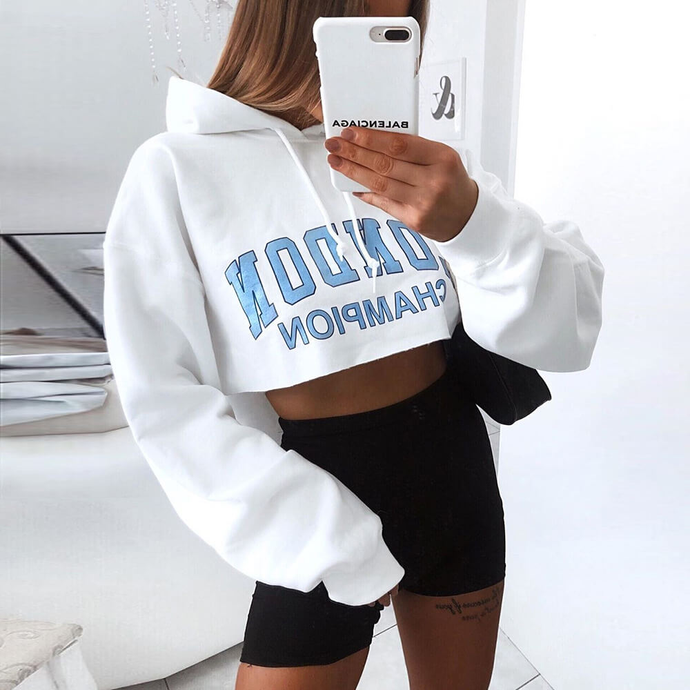 White Drawstring Letter Print Cropped Hoodies