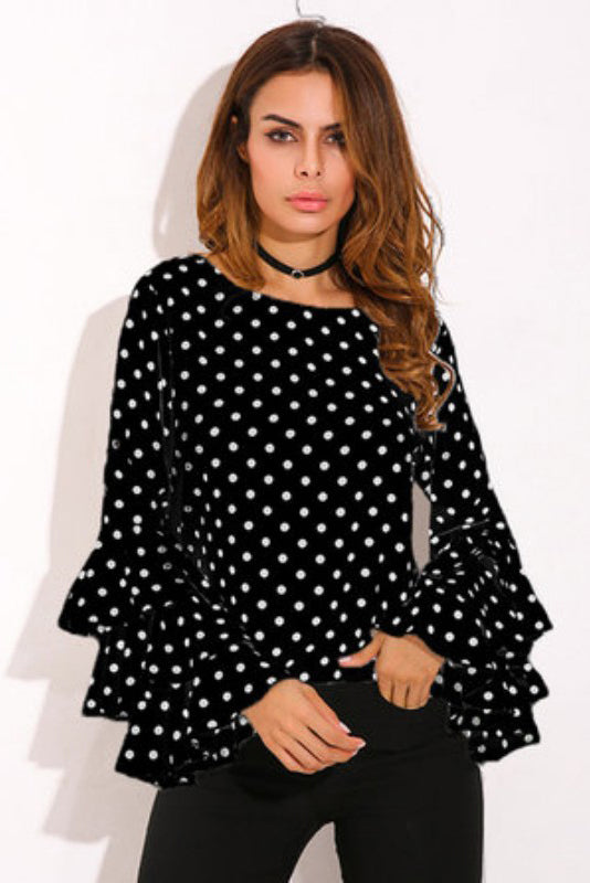 Polka Dot Long Trumpet Sleeves Chiffon Blouse