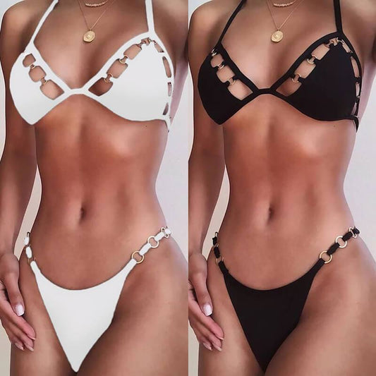 Hot Halter Bandeau Plain Cutout Thong Bottom Bikinis