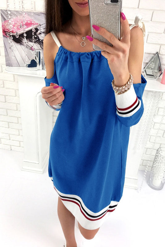 Bear Shoulder Scoop Long Sleeves Patchwork Short Dress