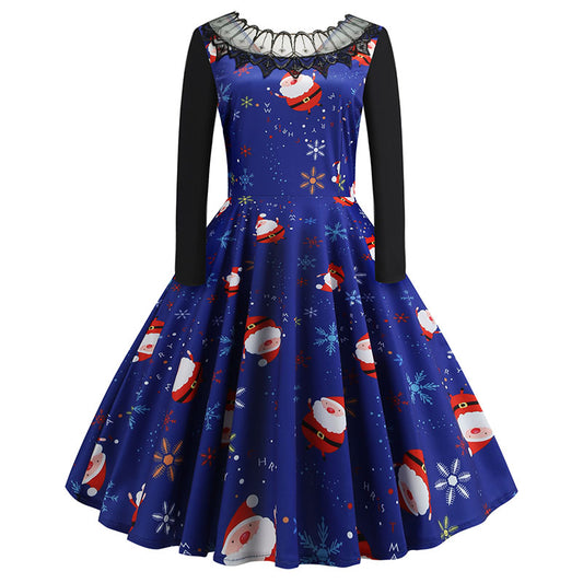 Retro Christmas Lace Splice Reindeer Swing Dress