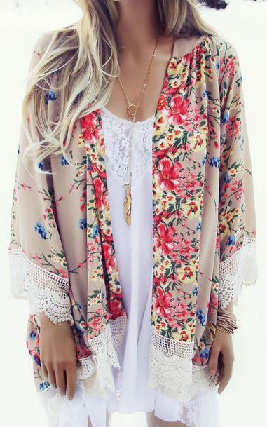 Flower Print Lace Patchwork Retro Mid-length Lapel Blouse