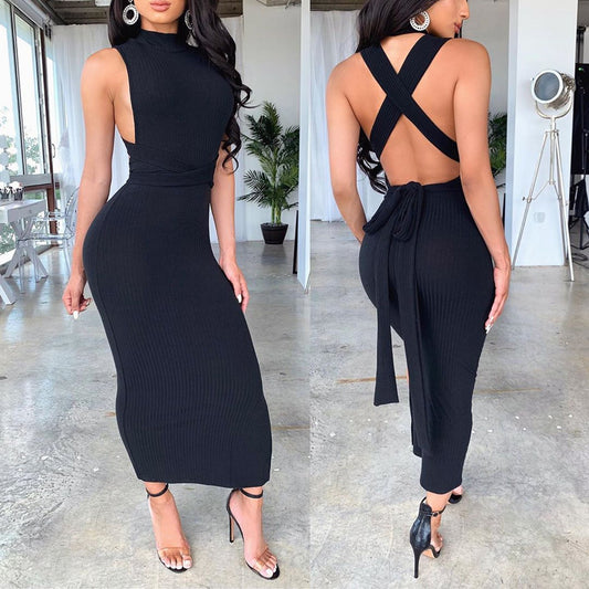 Black Backless Sleeveless O Neck Bodycon Dress