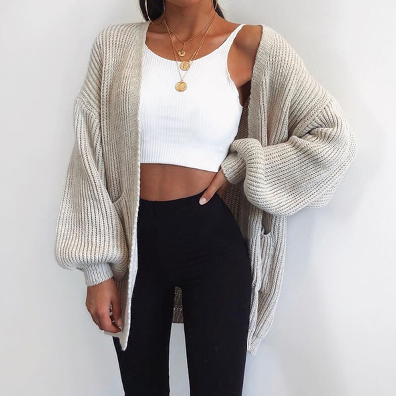 Loose Ribbed Balloon Sleeve Sweater Cardigan