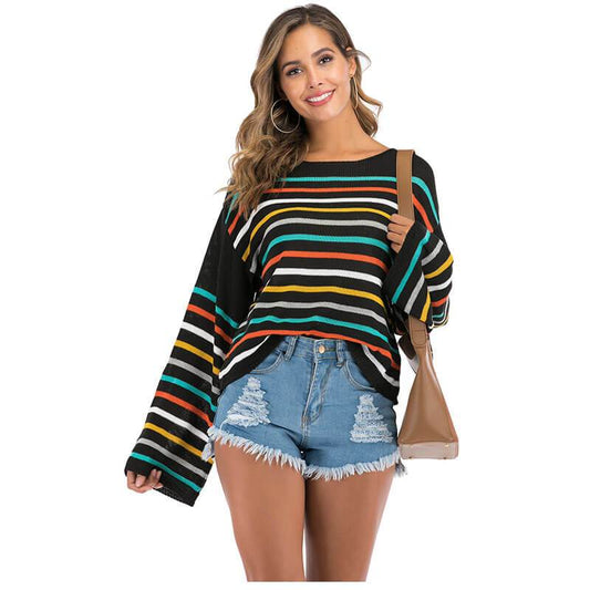 Crewneck Multicolor Wide Sleeve Knit Sweater