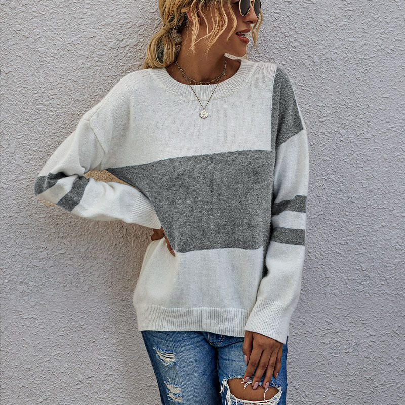 Colorblock Striped Sleeve Pullover Sweater