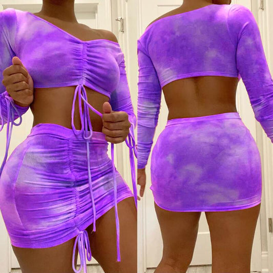 Sexy Tie dye Long Sleeve Bodycon Strap Two Pieces Set