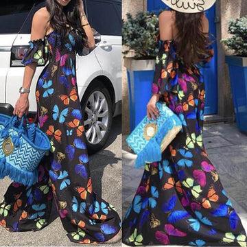 Summer Black Short Sleeves Wide Leg Strapless Print Jumpsuits