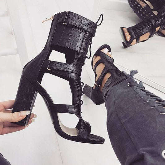 Lace UP Ankle Wraps Open Toe High Chunky Heels Sandals