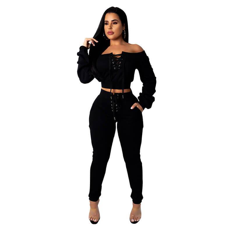 Lace Up Crop Top High Waist Skinny Pants Set