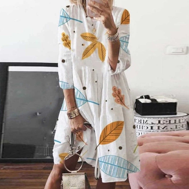 Summer Long Sleeve Loose Leaves Print Dress