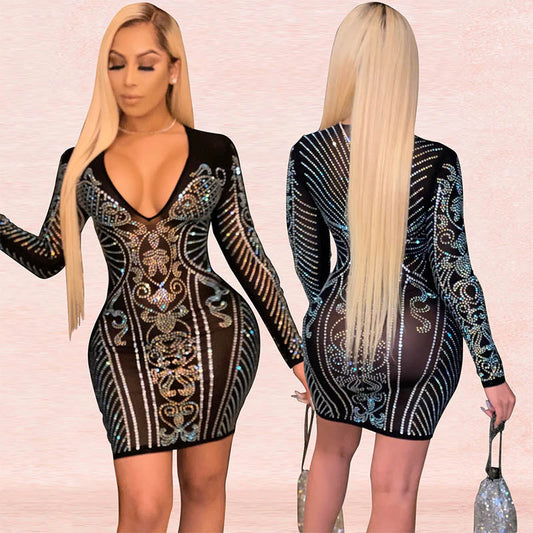 Sequin Pattern Long Sleeve Short Bodycon Dress