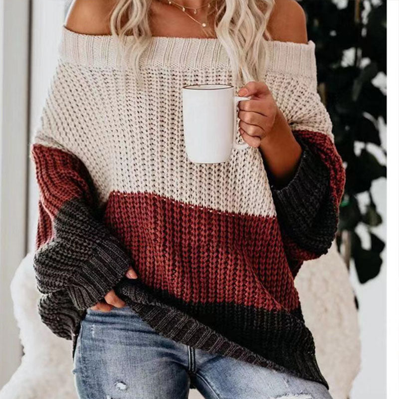 Off Shoulder Loose Colorblock Knit Sweater