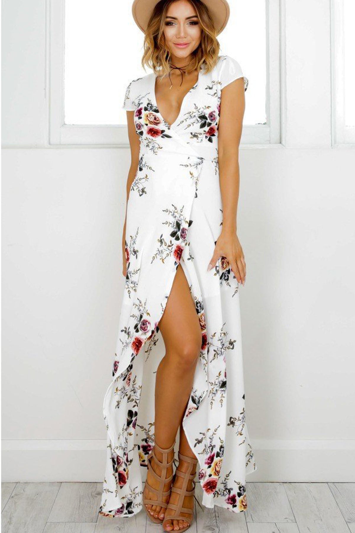 V-neck Flower Print Irregular Long Beach Dress