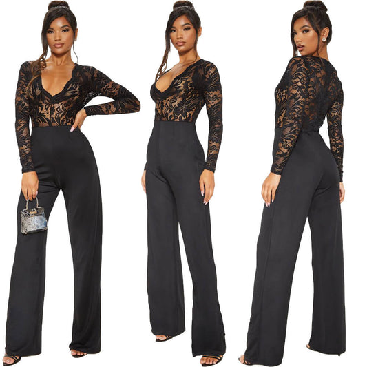 Black Long Sleeves Lace Patchwork Wide Leg Jumpsuits